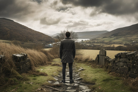 Journey to the Hills: The Enigmatic Back View of a Man on a Footpathの素材