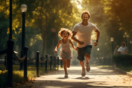Daddy-Daughter Duo Dash: Exploring the Park Pathway Together --ar 3:2の素材
