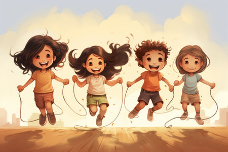 Joyful Scenes of Energetic Kids Engaged in Jumping Rope -AR 3:2の素材
