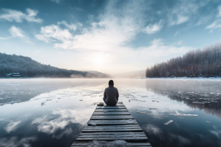The Serene Solitude: A Person Contemplating by the Frozen Lakeの素材