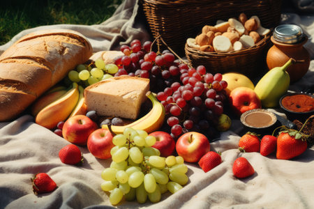 Savor the Perfect Picnic: A Colorful Medley of Fruits and Breads on a Scenic Blanketの素材