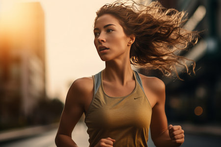 The Energetic Stride: Capturing a Woman Jogging on the Streets through a Side View - AR 3:2の素材