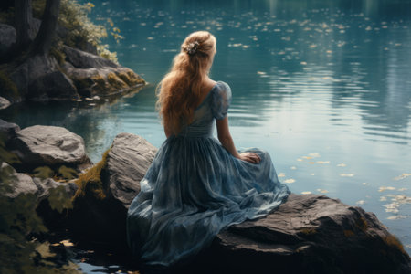 Lakeside Serenity: A Woman Finds Tranquility atop a Rockの素材