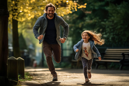 Daddy-Daughter Bonding: A Lively Stroll through the Park Pathwayの素材