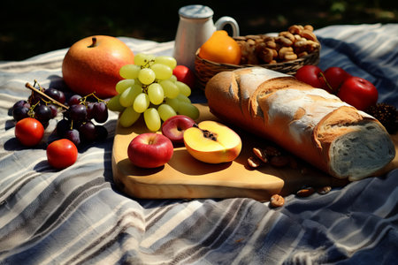 Picnic Perfection: A Colorful Array of Fresh Fruits and Baked Breads on a Patterned Blanketの素材