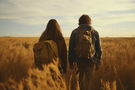 Adventure Beckons: Explorers Unite on Vast Brown Grass Fieldの素材