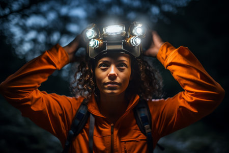 Guided by the Glow: An Outdoor Adventurer Illuminated by a Lighted Headlamp --ar 3:2の素材