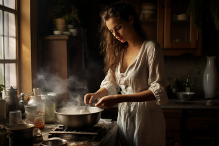 Embracing the Joy of Home Cooking: A Woman Mastering the Art of Oatmeal Prepの素材