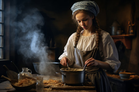 The Art of Oatmeal: Capturing the Culinary Essence of a Woman Cooking â AR 3:2の素材