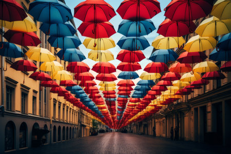 Vivid Array of Umbrellas Amidst Urban Architecture --ar 3:2の素材