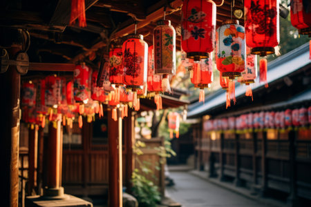 Serenity Illuminated: Chochin Japanese Paper Lamps Adorning an Ancient Shrineの素材