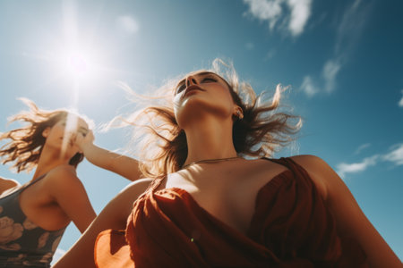 Synchronized Euphoria: Captivating Low Angle Shot of Women Dancing in Close Proximity, Raising Armsの素材