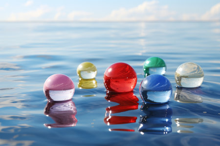 Vibrant Collection: Assorted-color Balls Gracefully Floating on Water -ar 3:2の素材