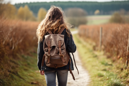 Journeying Ahead: A Woman's Pathway with a Backpackの素材