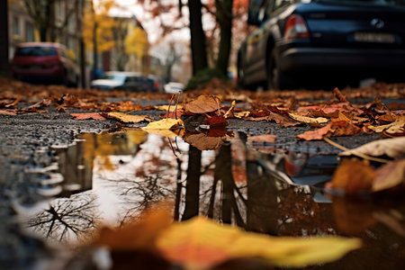 Picturesque Autumn: Vibrant Leaves Reflecting in Street Puddlesの素材