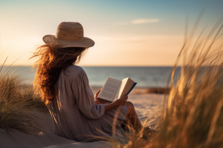 Savoring Serenity: A Woman Immersed in a Beachside Book Rendezvousの素材