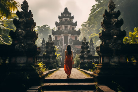 The Enchanting Bali Handara Gate: A Stunning Back View of a Woman Embracing its Beauty -- ar 3:2の素材