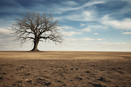 The Solitary Serenity: A Bare Tree on a Grass Fieldの素材