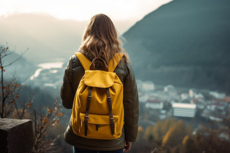 The Stylish Traveler: Capturing the Back View of a Woman in a Yellow Jacket with a Backpackの素材