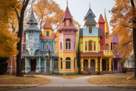 Vibrant House Facade in Park: A Colorful Delight (3:2 Aspect Ratio)の素材
