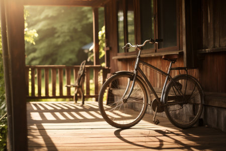 Serene Country Bliss: A Sunlit Bike on a Wooden Porch in the Countrysideの素材