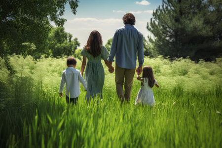 Journeying Together: A Delightful Family Strolling on the Lush Green Grassの素材
