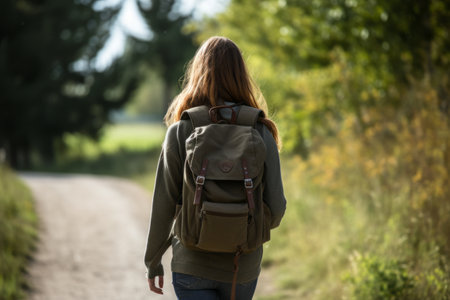 The Adventurous Wanderer: A Woman's Journey on the Pathway with Backpackの素材
