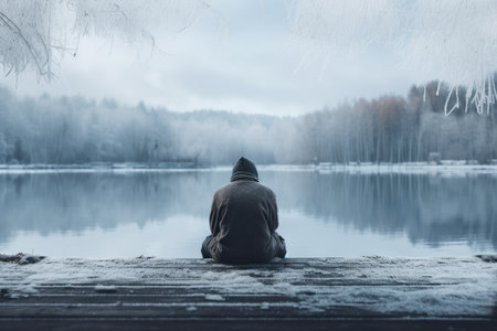 Frosty Reflections: Solitude on the Dock of a Frozen Lakeの素材