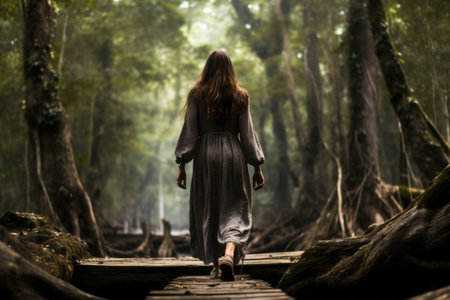 Journey Through Nature: A Woman's Adventurous Stroll Along a Forest Logの素材