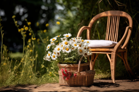 Charming Countryside Scene: A Basket of Pots and Daisy Flowers Adorn a Chair - AR 3:2の素材