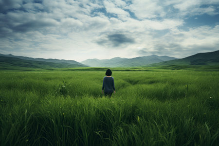 The Captivating Serenity of a Person Gazing over a Vast Green Grass Field -- Artistic 3:2 Perspectivの素材