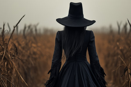 The Alluring Enigma: Glimpsing the Mysterious Back View of a Woman in a Black Witch Costumeの素材