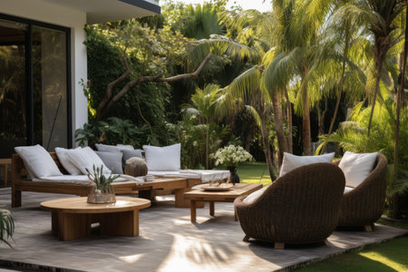 Escape to Paradise: A Serene Backyard Oasis with Stylish Wicker Furniture and Lush Tropical Flora -の素材