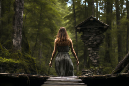 Lost in the Wilderness: Serene Beauty of a Woman Walking on a Forest Logの素材