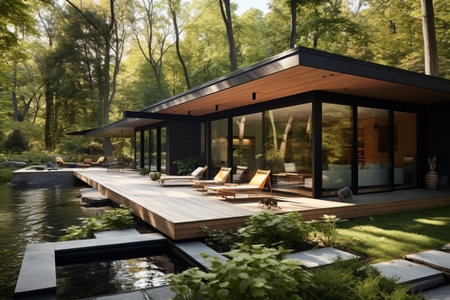 Serene Retreat: Exploring the Modern Cottage's Backyard Haven with Elegant Terraceの素材