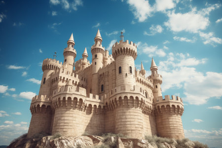 Serene and Majestic: Exploring the Beige Concrete Castle Under a Radiant Blue Skyの素材