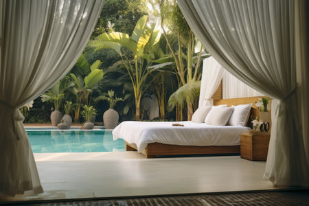 Poolside Oasis: Serene Bed with Elegant White Curtainの素材