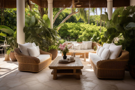 A Tropical Oasis: Relaxing in the Modern Backyard of a Residential Villa with Cozy Wicker Furnitureの素材