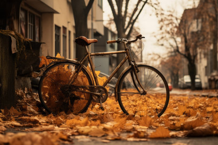 Falling for Autumn: A Picture-Perfect Townscape of a Bicycle Amongst Fallen Leavesの素材
