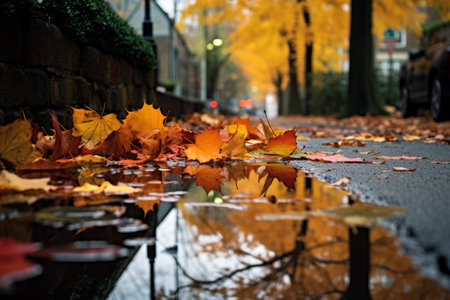 Captivating Reflections: Autumn's Leaves Dance in Street Puddlesの素材