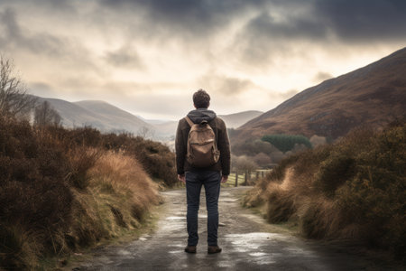 Journey to the Majestic Hills: Captivating Footpath Displayed from a Man's Back View --ar 3:2の素材