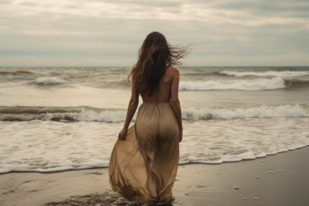 The Serenity of Beach Strolls: Capturing the Back View of a Woman Walking on the Seashore --ar 3:2の素材
