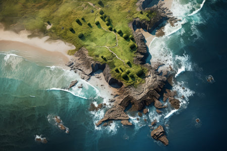 A Serene Seaside Vista: Capturing the Bird's Eye View --ar 3:2の素材