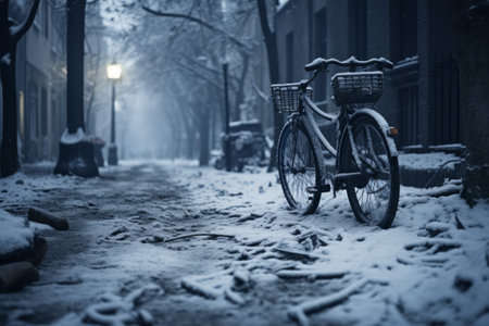 Frozen Pathways: A Bicycle Braving the Snow-Covered Streetの素材