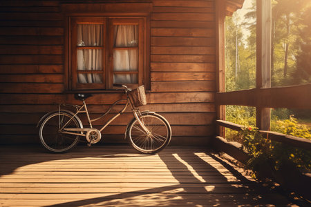 Golden-Lit Serenity: A Bike Rests on a Wooden Porch in the Countrysideの素材