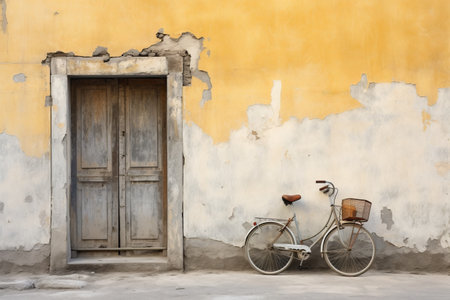 Capturing Urban Fusion: A Bicycle Parked Against a Concrete Building in 3:2 Aspect Ratioの素材