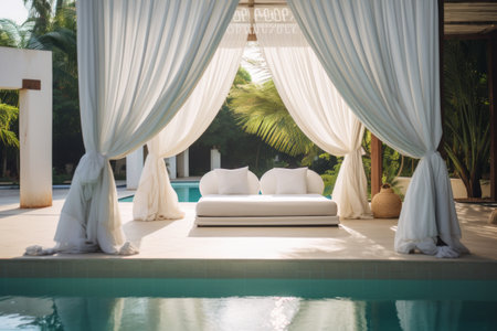 Serenity by the Pool: A Bed with White Curtain Sets the Stageの素材