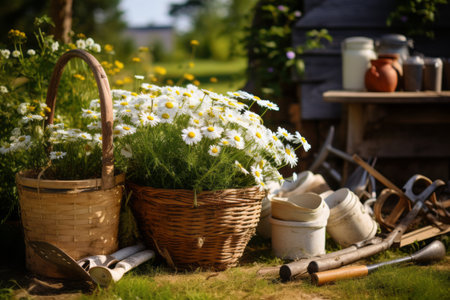 Countryside Gardening Delight: A Basket Laden with Chamomiles and Garden Tools Amidst Potted Plantsの素材