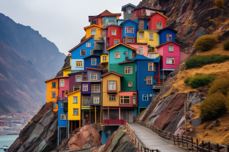 Majestic Assorted-Color Wooden House Perched atop a Mountain - AR 3:2の素材