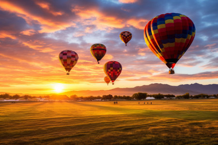 Captivating Moments: Vibrant Assorted-Color Hot Air Balloons Grace a Golden Hour Grass Fieldの素材
